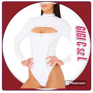 GIGI C Laurel Woman' Swimsuit White Scuba High cut leg frint zipper Surfsuit